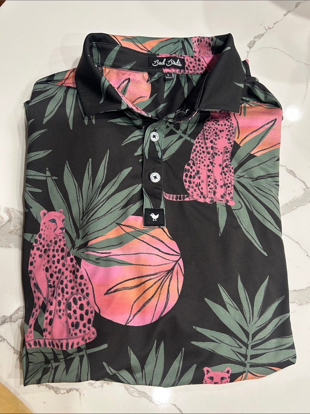 Bad Birdie Black Polo with Pink Leopard & Green Palm Print